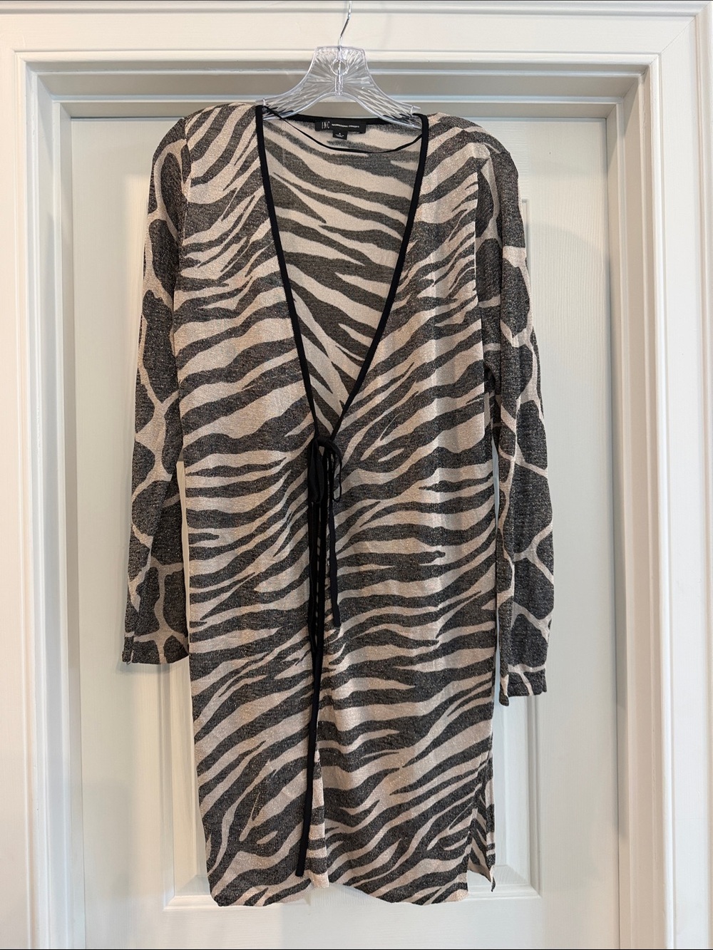 INC Zebra Print Lightweight Cardigan with Tie Front